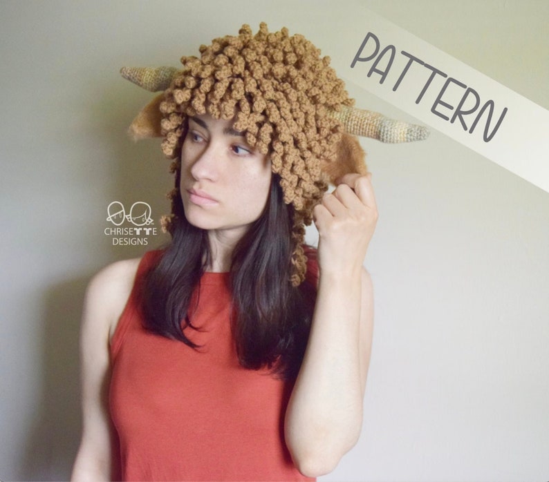 Crochet Highland Cow Hat PATTERN English, Ice Spice wig, crochet Satyr Faun Goat, Baphomet, Halloween costume hat, adult kids and baby sizes image 1