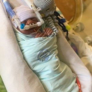 May include: A small baby in a hospital bed with a crocheted gray octopus toy. The baby is wearing a white hat and a light blue blanket. The baby is connected to a breathing tube.