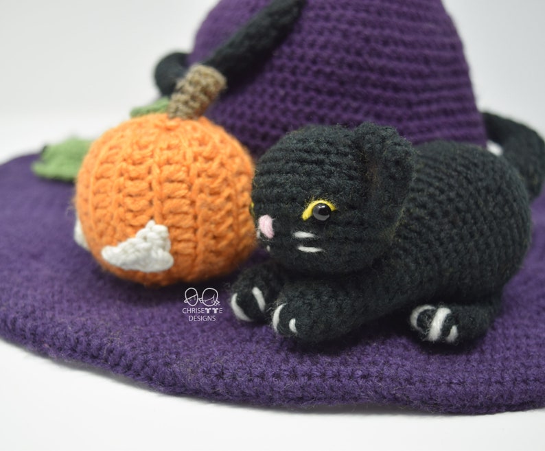 Crochet Witch hat PATTERN English, stiff brim, Wizard hat, WITCHES' STITCHES hat costume, child and Adult size , spider cat and pumpkin hat image 5