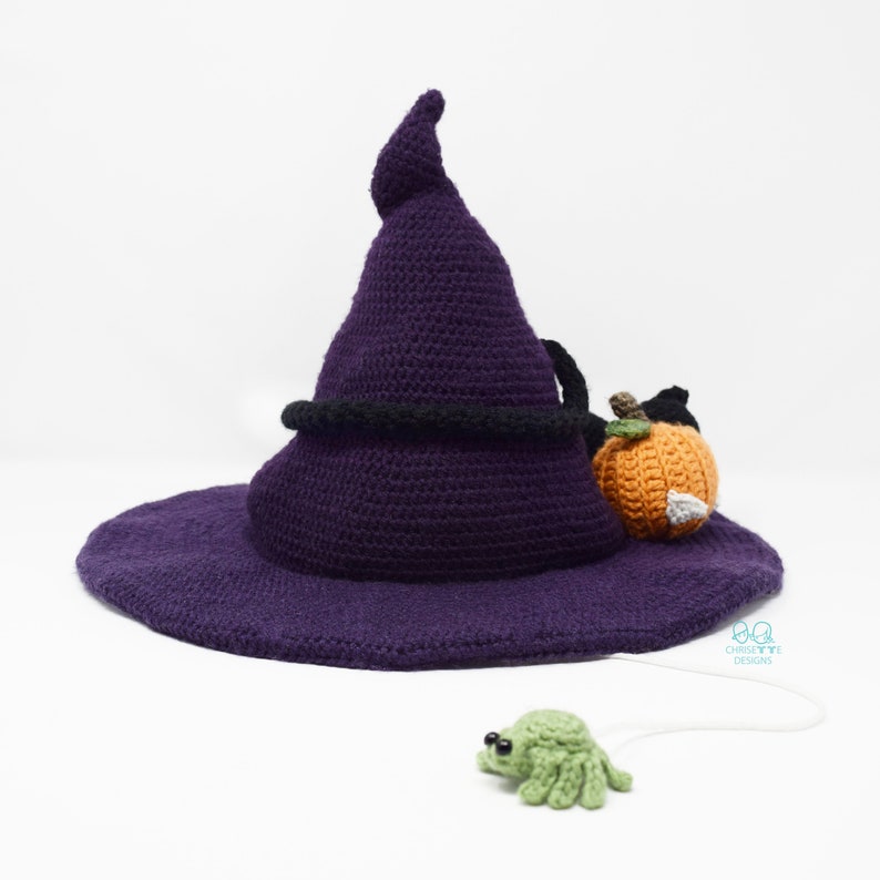 Crochet Witch hat PATTERN English, stiff brim, Wizard hat, WITCHES' STITCHES hat costume, child and Adult size , spider cat and pumpkin hat image 7