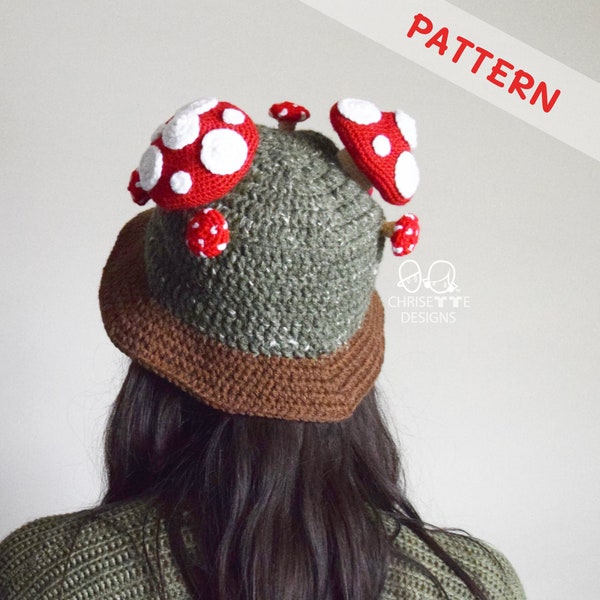 Crochet Mushroom hat, Bucket with Bee PATTERN English, child and Adult sizes, removable bee
