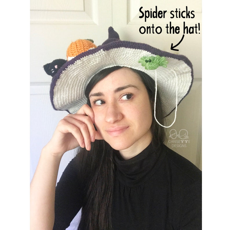 Crochet Witch hat PATTERN English, stiff brim, Wizard hat, WITCHES' STITCHES hat costume, child and Adult size , spider cat and pumpkin hat image 2