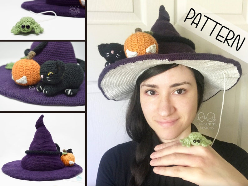 Crochet Witch hat PATTERN English, stiff brim, Wizard hat, WITCHES' STITCHES hat costume, child and Adult size , spider cat and pumpkin hat image 1