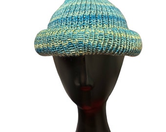 Evening Aquamarine Reversible Ready To Ship Roll Up Docker Cap, Rolled Kufi, Fisherman Hat, Skully, Skull Cap, Beanie