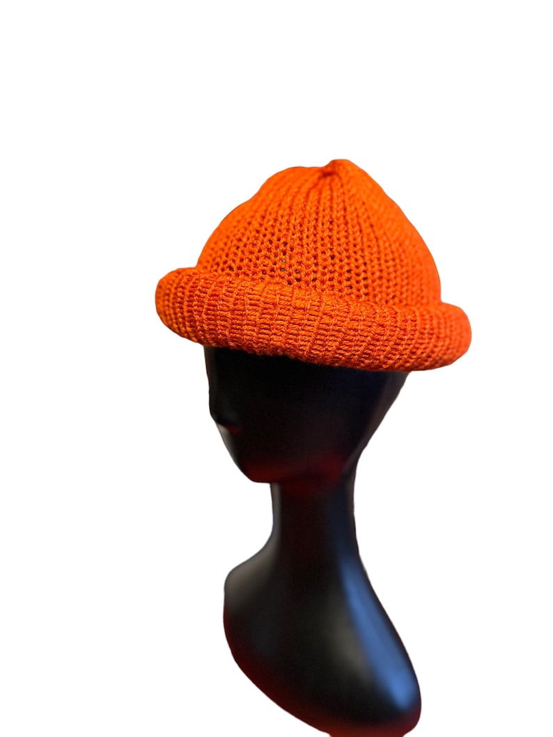 Orange Roll Up Docker Cap, Fisherman Hat, Rolled Kufi, Ski Cap, Skully, Skull Cap, Knit Beanie image 2