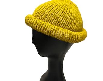 Mustard Roll Up Docker Hat, Fisherman Cap, Rolled Beanie, Knit Kufi, Skull Cap