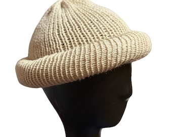 Beige Roll Up Docker Cap, Knit Beanie, Rolled Kufi, Fisherman’s Hat, Skull Cap, Skully, Winter Hats