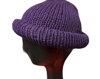 Purple Roll Up Docker Cap, Fisherman Hat, Skull Cap, Knit Beanie, Rolled Kufi, Skully, Winter Hat