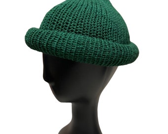 Hunter Green Roll Up Docker Cap, Knit Kufi, Fisherman Beanie, Rolled Kufi, Knit Docker, Knit Hat, Skull Cap Rolled Docker