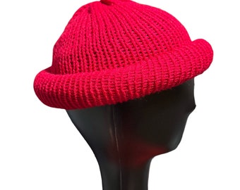 Red Roll Up Docker Cap, Knit Beanie, Rolled a Kufi, Fisherman Hat, Skull Cap, Winter Hats, Skully