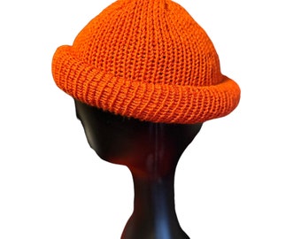 Orange Roll Up Docker Cap, Fisherman Hat, Rolled Kufi, Ski Cap, Skully, Skull Cap, Knit Beanie