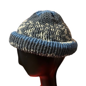Wool Grey White Blue Roll Up Docker Hat, Fisherman Beanie