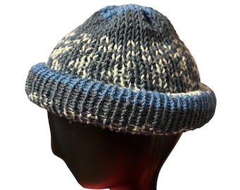 Wool Grey White Blue Roll Up Docker Hat, Fisherman Beanie