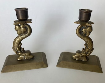 Antique 1920’s Chinese Koi Fish Dragon Brass Candle Holders