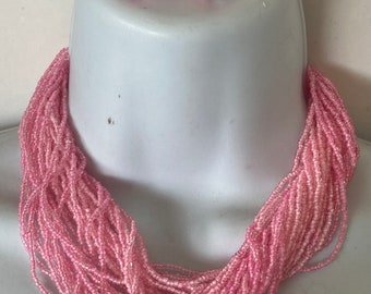 Vintage Gold Tone Multi Strand Seeds Pink Necklace Earrings Set