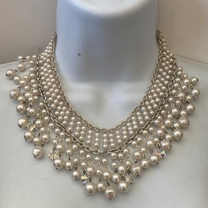 Spectacular Vintage 1960&#39;s WEST GERMANY Faux Pearls Aurora Borealis Glass Beads Dangle Bib Necklace