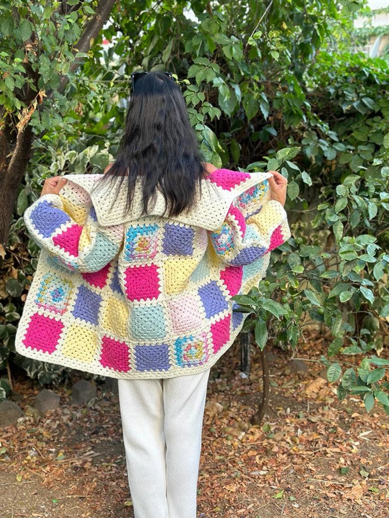 Granny Square Hooded Cardigan, Granny Square Crochet Jacket, Patchwork