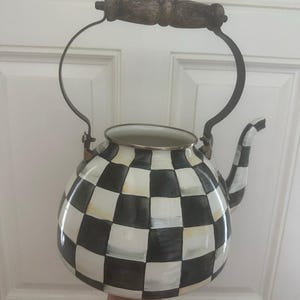 MacKenzie-Childs teapot Black & White Check MISSING Lid project decor damaged wooden handle large zdjęcie 1