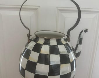 MacKenzie-Childs teapot Black & White Check MISSING Lid project decor damaged wooden handle large