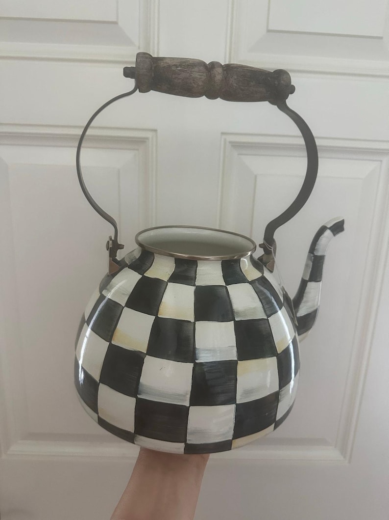 MacKenzie-Childs teapot Black & White Check MISSING Lid project decor damaged wooden handle large zdjęcie 1
