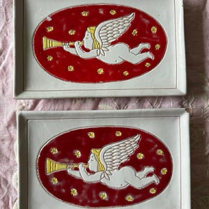 2 Vintage Italy Hand Painted Pottery Cherubs white red Trinkets 7x4.5” serving singing angels set of two cheese plates rectangular pottery