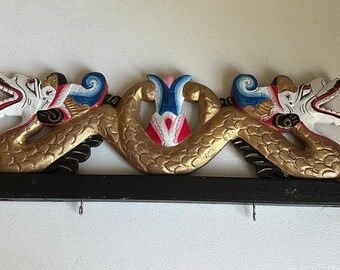 Balinese Asian wooden dragons topper bracket wall decor carved art 26x7” gold solid wood