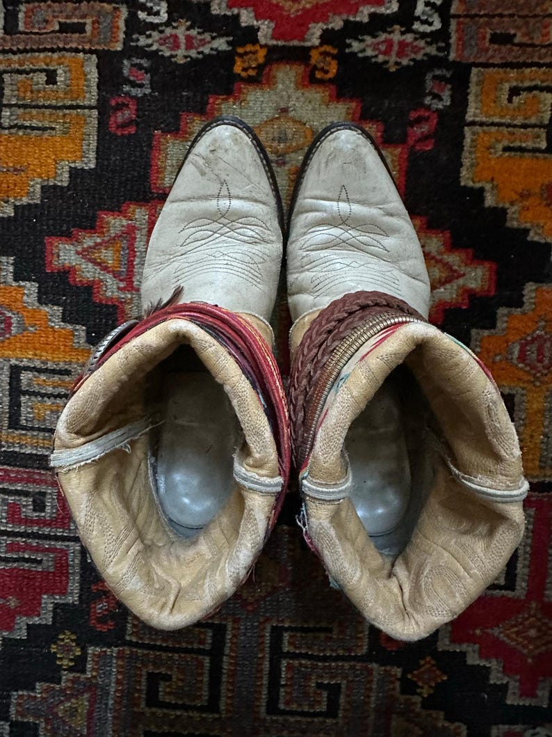 Upsicled cowboy boots boho bohemian booties feather reworked sz 8 free people ivory western rare unique leather reworked one of a kind woman image 16