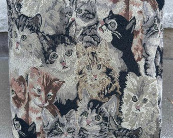 Vintage cats Tapestry Upholstered Footstool Ottoman wood Legs 12x6.5” gray beige cottage