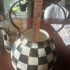 MacKenzie-Childs teapot Black & White Check MISSING Lid project decor damaged wooden handle large zdjęcie 12