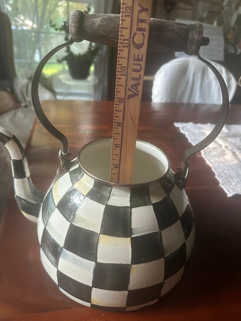 MacKenzie-Childs teapot Black & White Check MISSING Lid project decor damaged wooden handle large zdjęcie 12