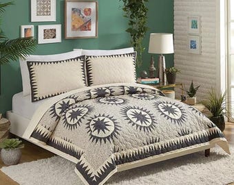 Soleil 4-Piece Medallion Cotton Quilt Set Jungalow Queen black white boho sun