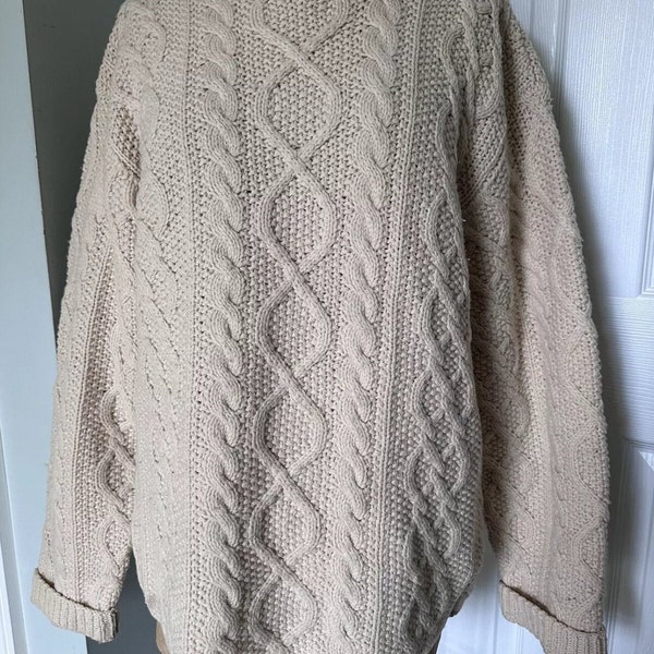 J Crew fisherman Hand Knit sweater Sz  L Pullover Men Ivory Cable Knit  Crew Wool cream off white holiday preppy classic luxury