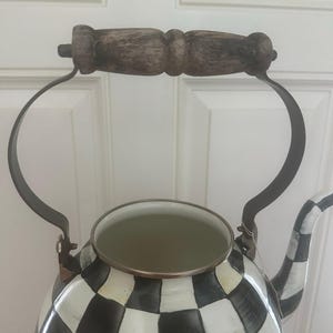 MacKenzie-Childs teapot Black & White Check MISSING Lid project decor damaged wooden handle large zdjęcie 2