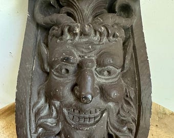 Vintage Mythological Satyr Faun plaster corbel architectural wall plaque brown mythical fantasy gothic gargoyle