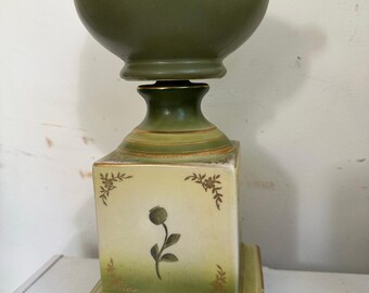 Vintage pedestal vase urn vessel handmade reworked handmade green floral pot 12” cream planter one of a kind