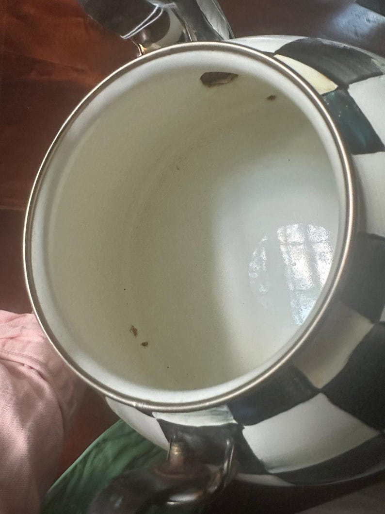 MacKenzie-Childs teapot Black & White Check MISSING Lid project decor damaged wooden handle large zdjęcie 5