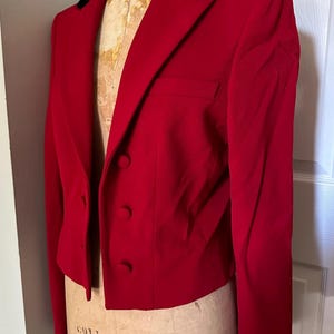 Vintage Ralph Lauren Jacket Riding Red Cropped Wool Blazer Black Velvet Sz 12 equestrian Edwardian open front woman formal Classic hunting