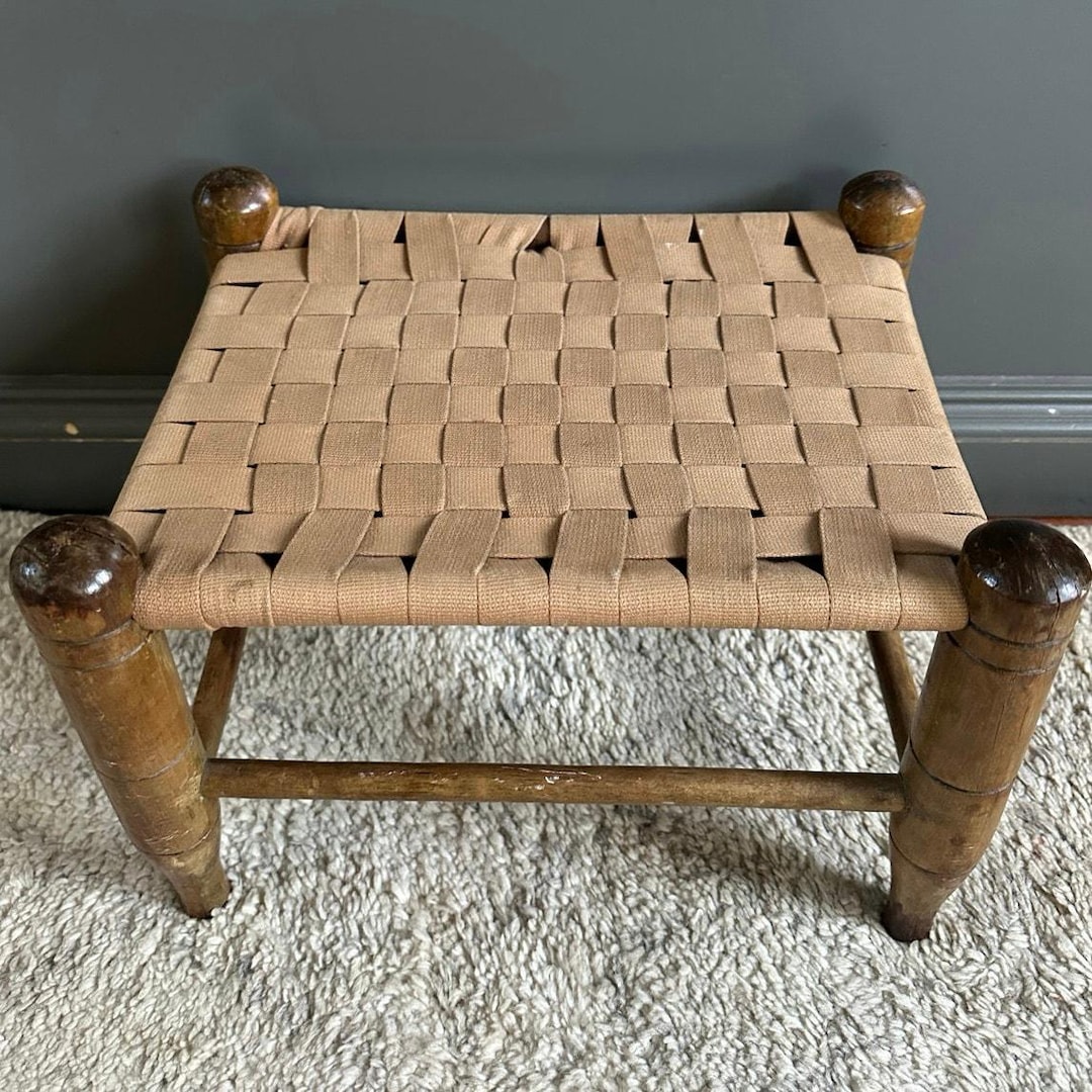Vintage Woven Wood Footstool Seat Ottoman Primitive Canvas Country ...