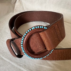 Ralph Lauren leather women's Brown belt turquoise Buckle Bead western Sz M equestrian blue cowboy