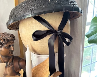 Vintage Asian Conical Hat Black W/ Ribbon Ties Rice Paddy