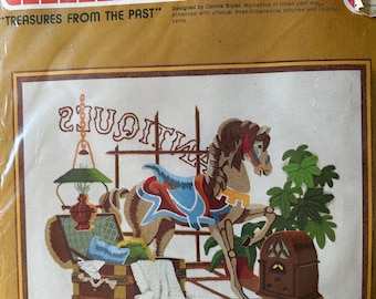 Sunset stitchery vintage kit antiques new 20x24” cotton wool rayon full color print printed designs treasures from the past by Connie blyler