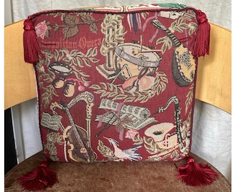 Vintage tapestry throw pillow Renaissance “La Musique" Metropolitan Opera tassel music antique style 12x12” cotton made in Europe
