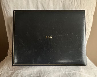 T Anthony leather box dark navy blue gold initials ESD initialized on top made in Italy gold trim for mend watches jewelry etc no key