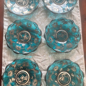 Vintage blue glass clear plates set of 6 silver pattern inlayed floral scalloped 6” fluted dessert rare hand painted great condition unique