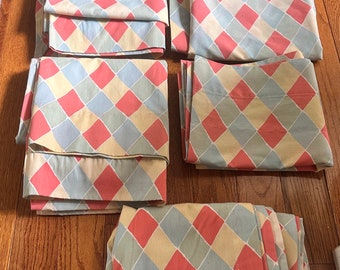 Vintage Laura Ashley drapes curtains harlequin diamond print set of 4 and 3 matching valances lined pink blue yellow cotton blend set of 7pc