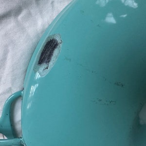 Dansk Denmark kobenstyle JHQ Enamel 13 round Pan Jens Quistgaard turquoise teal large vintage image 5