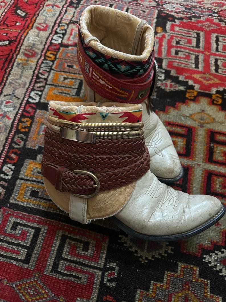 Upsicled cowboy boots boho bohemian booties feather reworked sz 8 free people ivory western rare unique leather reworked one of a kind woman image 13
