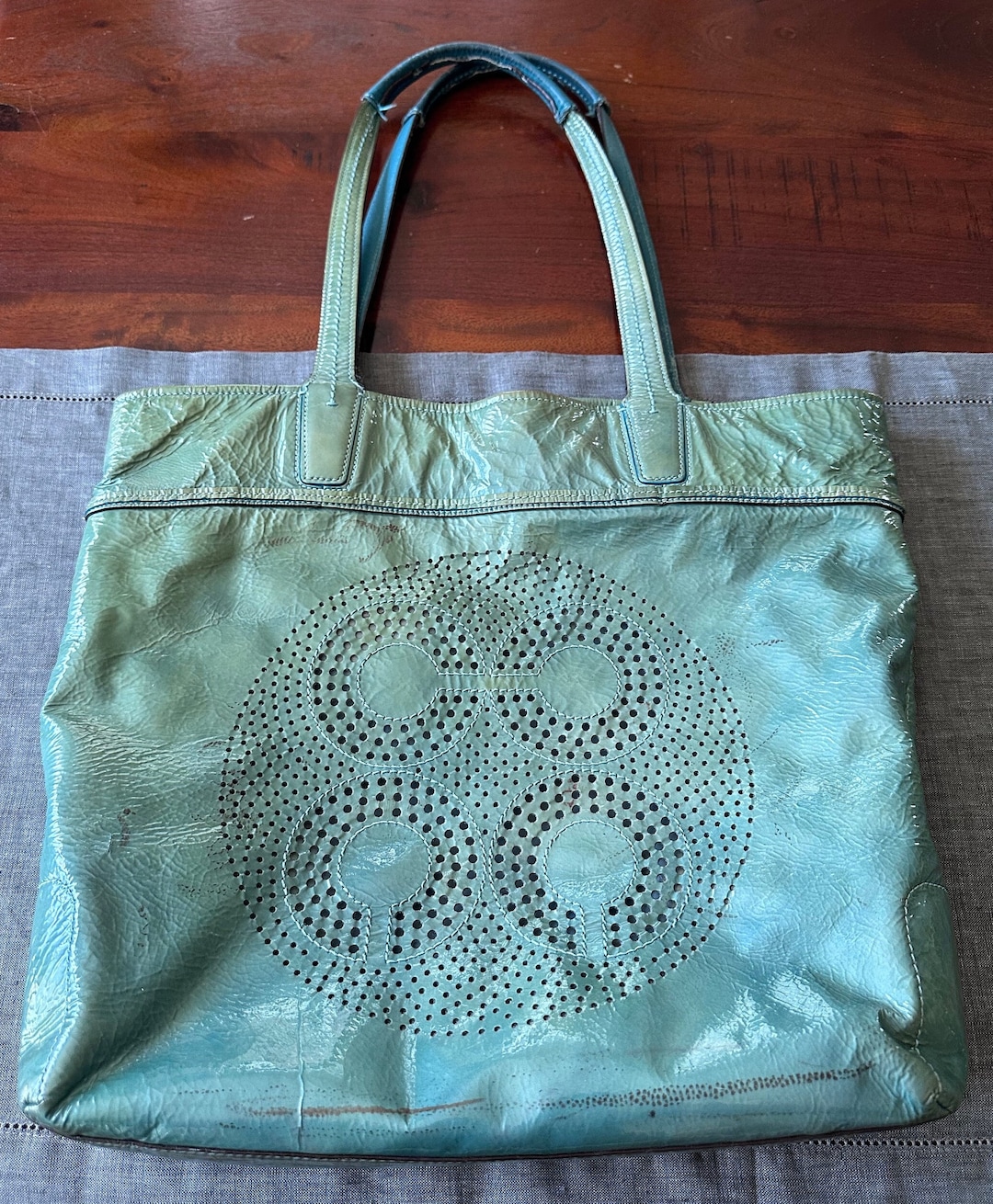 Coach Audrey Patent Leather Tote Green Teal Bag Perforated Turquoise 17029 Seafoam Blue Summer Travel Large Logo Top Handles Etsy