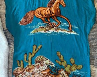 Vintage Elok Womens Tunic Dress blue horse kaftan midi traditional batik western rayon boat neck lounge wear hostess comfort retro