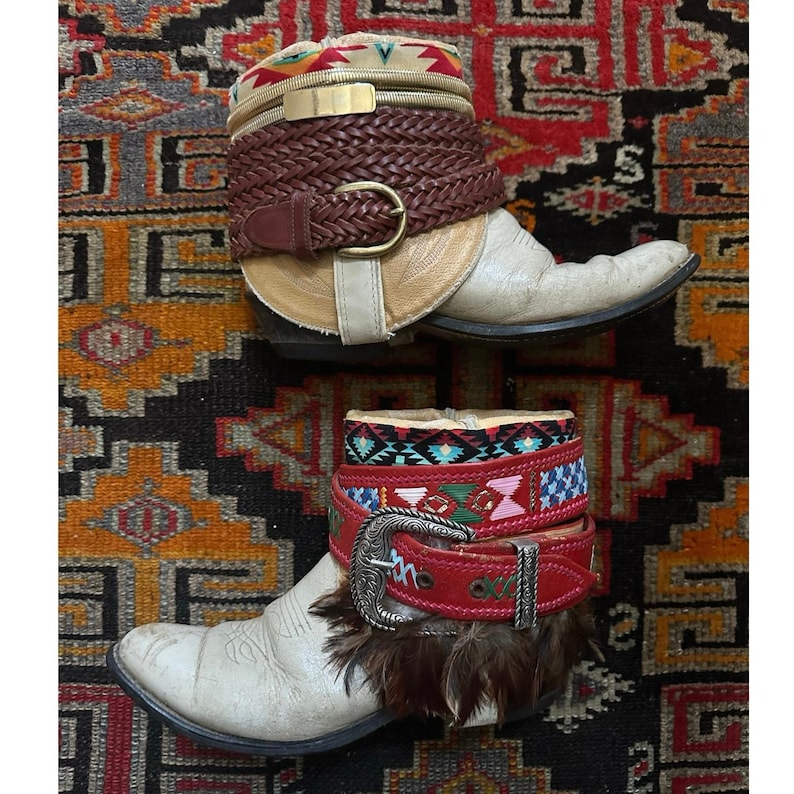 Upsicled cowboy boots boho bohemian booties feather reworked sz 8 free people ivory western rare unique leather reworked one of a kind woman image 1